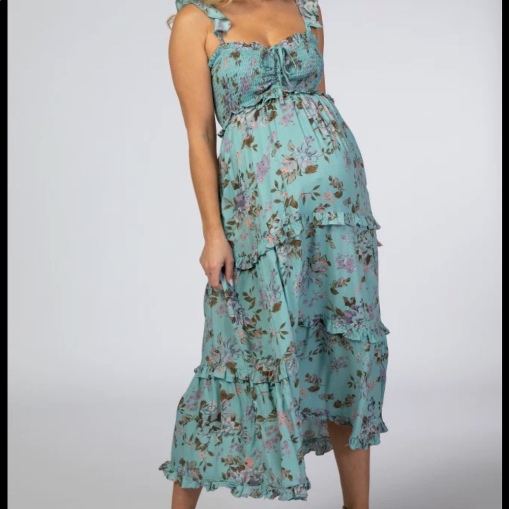 Blue Floral Ruffle Tiered Maternity Midi Dress